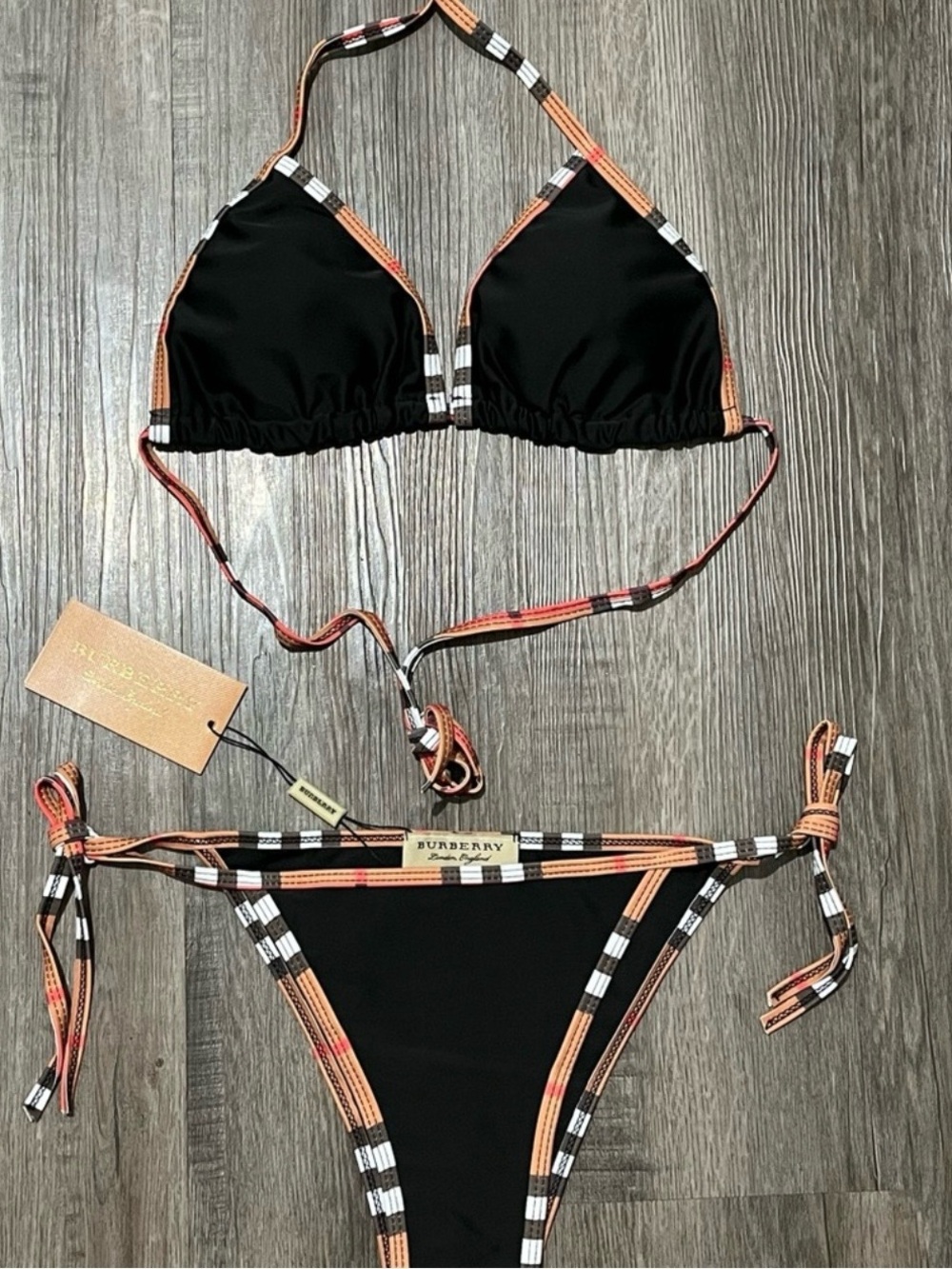 Classic Burberry Plaid Trim Logo Black Triangle Halter Brown Bikini 2-Piece Set - Picture 7 of 7